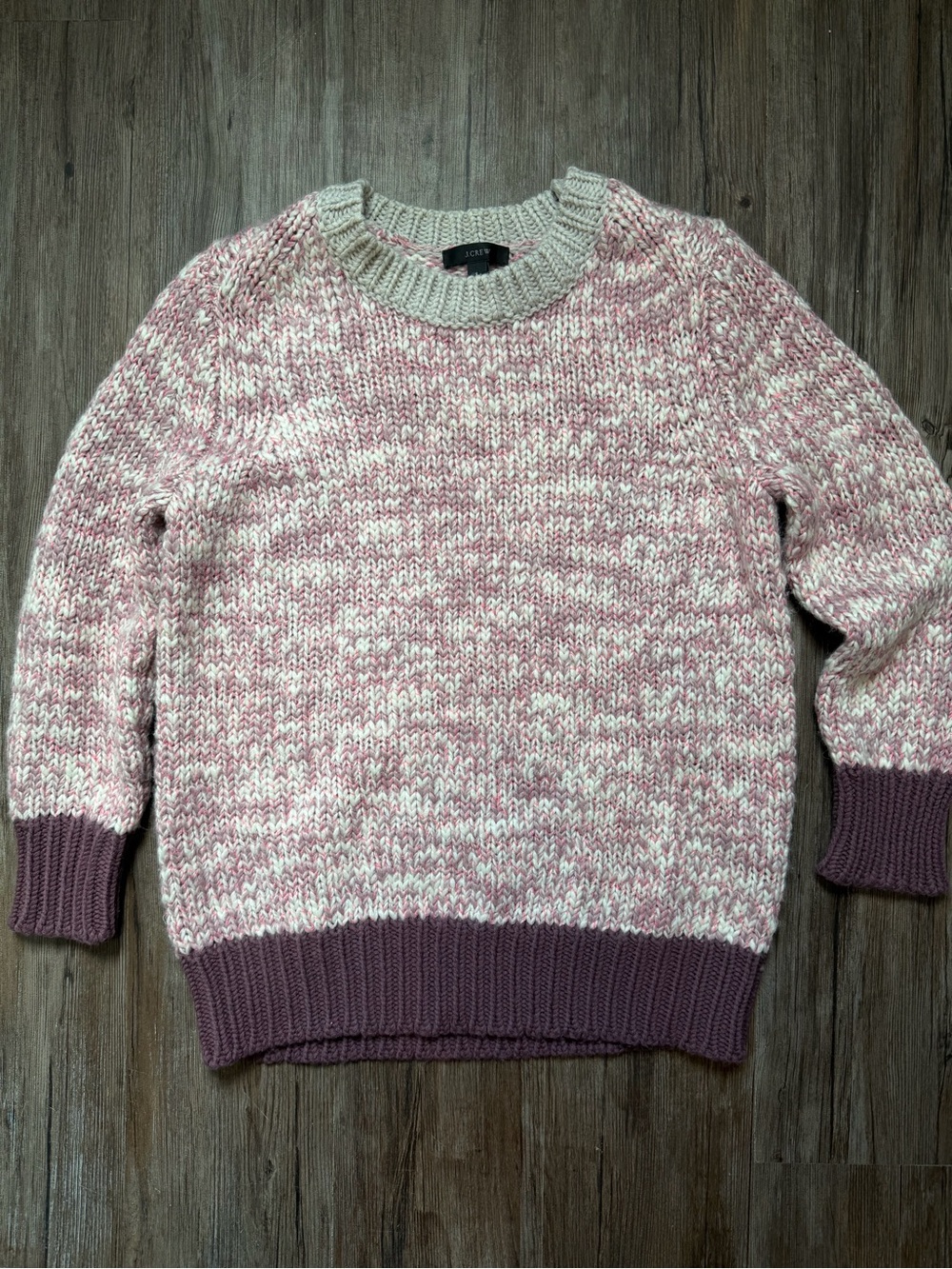 J. Crew Marled Pink and Cream Crewneck Sweater with Dusty Rose Trim